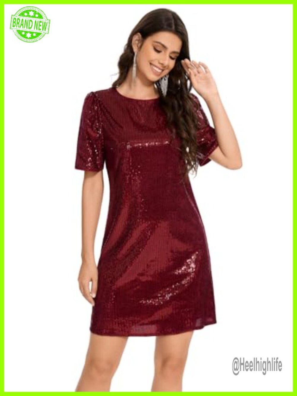 FEMI SEMI Women's Sequin Shift Dress Puff Short Sleeve Crewneck Cocktail Party